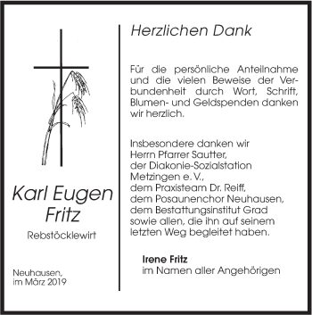 Traueranzeige von Karl Eugen Fritz von Metzinger-Uracher Volksblatt