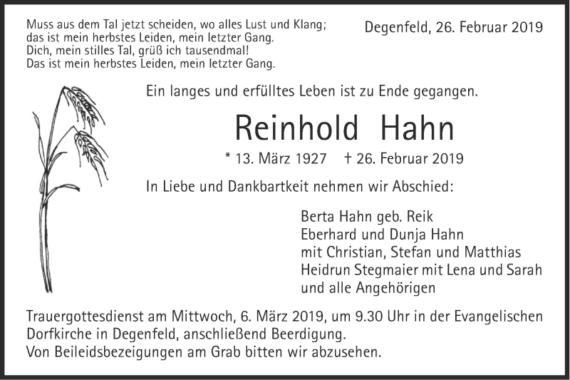  Traueranzeige für Reinhold Hahn vom 02.03.2019 aus NWZ Neue Württembergische Zeitung