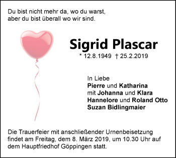 Traueranzeige von Sigrid Plascar von NWZ Neue Württembergische Zeitung