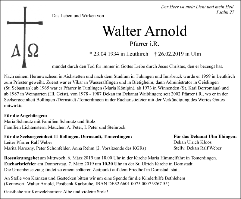  Traueranzeige für Walter Arnold vom 02.03.2019 aus SÜDWEST PRESSE Ausgabe Ulm/Neu-Ulm