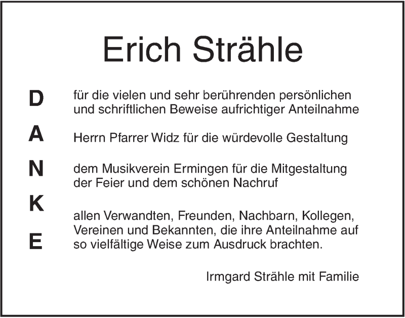  Traueranzeige für Erich Strähle vom 06.04.2019 aus SÜDWEST PRESSE Ausgabe Ulm/Neu-Ulm