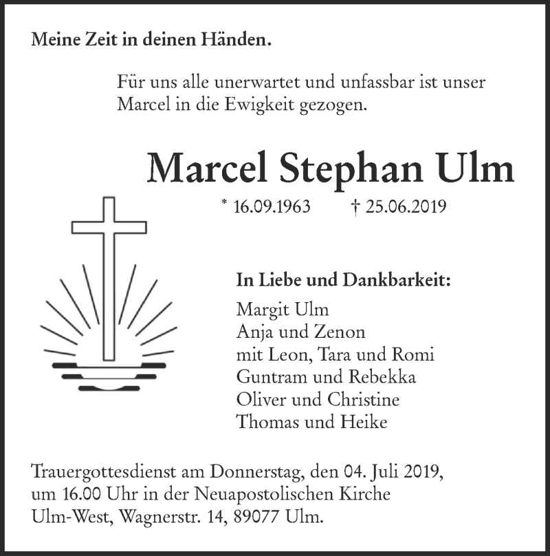  Traueranzeige für Marcel Stephan Ulm vom 29.06.2019 aus SÜDWEST PRESSE Ausgabe Ulm/Neu-Ulm