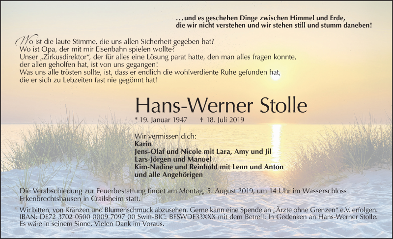  Traueranzeige für Hans-Werner Stolle vom 31.07.2019 aus Hohenloher Tagblatt