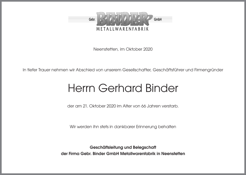  Traueranzeige für Gerhard Binder vom 24.10.2020 aus Geislinger Zeitung
