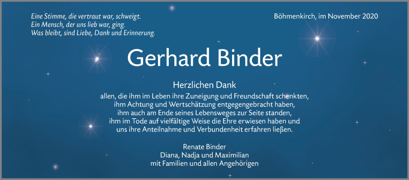  Traueranzeige für Gerhard Binder vom 14.11.2020 aus Geislinger Zeitung