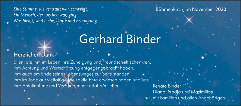  Traueranzeige für Gerhard Binder vom 14.11.2020 aus SÜDWEST PRESSE Ausgabe Ulm/Neu-Ulm
