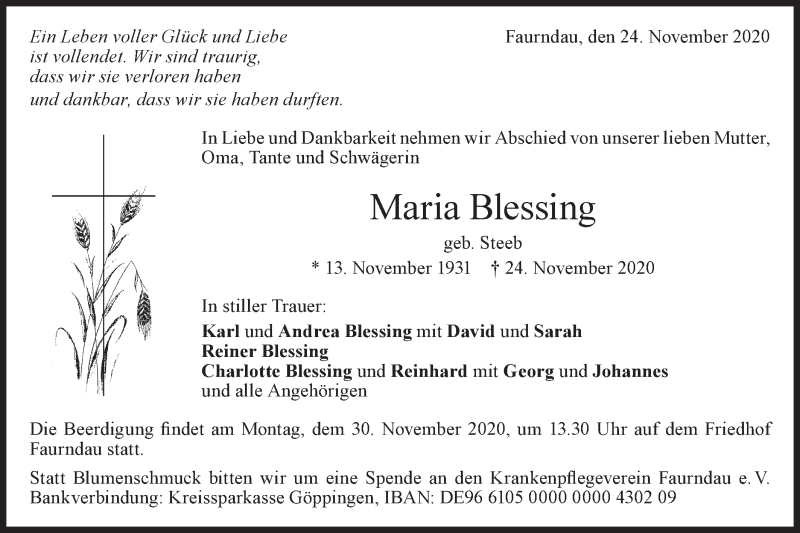  Traueranzeige für Maria Blessing vom 25.11.2020 aus NWZ Neue Württembergische Zeitung/Geislinger Zeitung