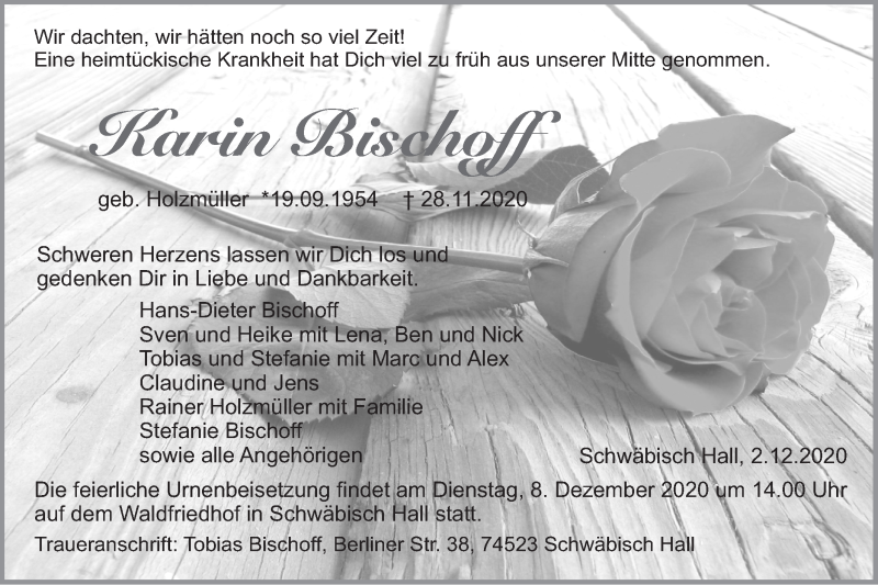  Traueranzeige für Karin Bischoff vom 02.12.2020 aus Haller Tagblatt