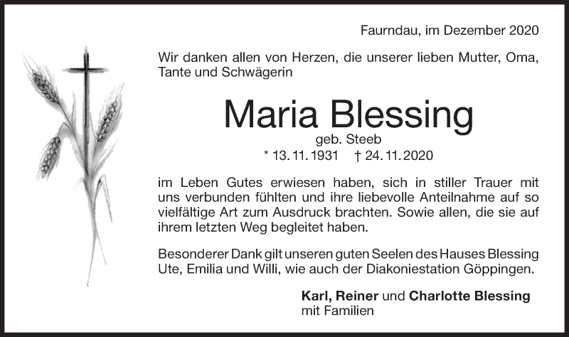  Traueranzeige für Maria Blessing vom 23.12.2020 aus NWZ Neue Württembergische Zeitung