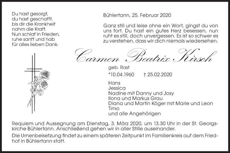  Traueranzeige für Carmen Beatrix Kirsch vom 29.02.2020 aus Haller Tagblatt