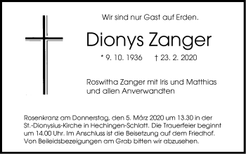 Traueranzeige von Dionys Zanger von Hohenzollerische Zeitung