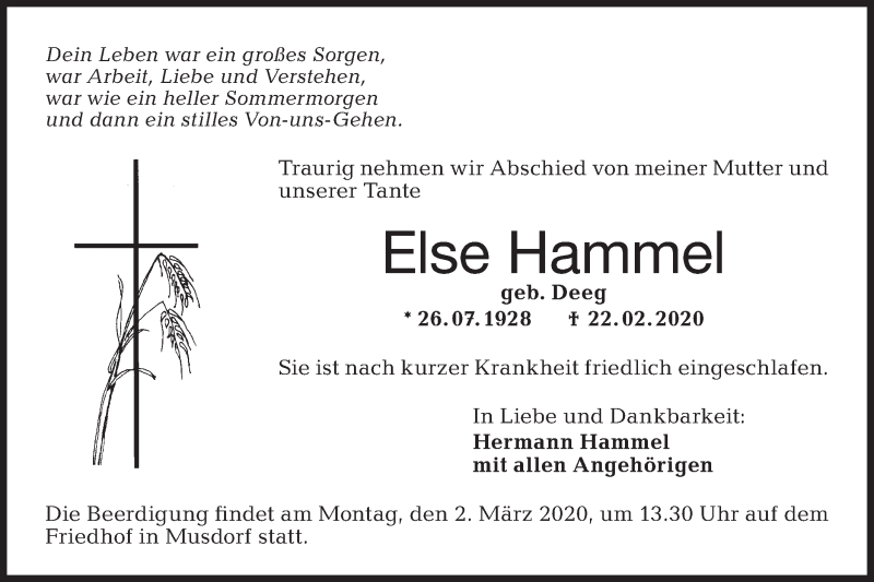  Traueranzeige für Else Hammel vom 27.02.2020 aus Hohenloher Tagblatt