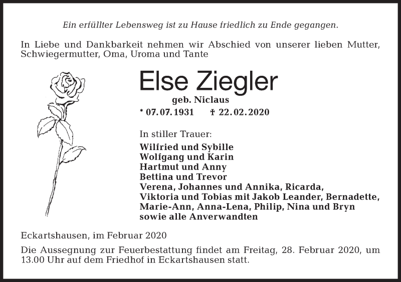  Traueranzeige für Else Ziegler vom 26.02.2020 aus Haller Tagblatt