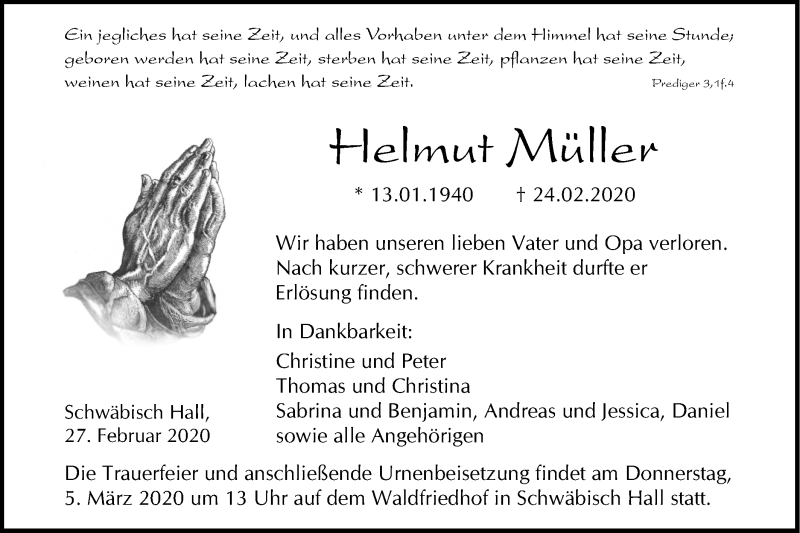  Traueranzeige für Helmut Müller vom 27.02.2020 aus Haller Tagblatt