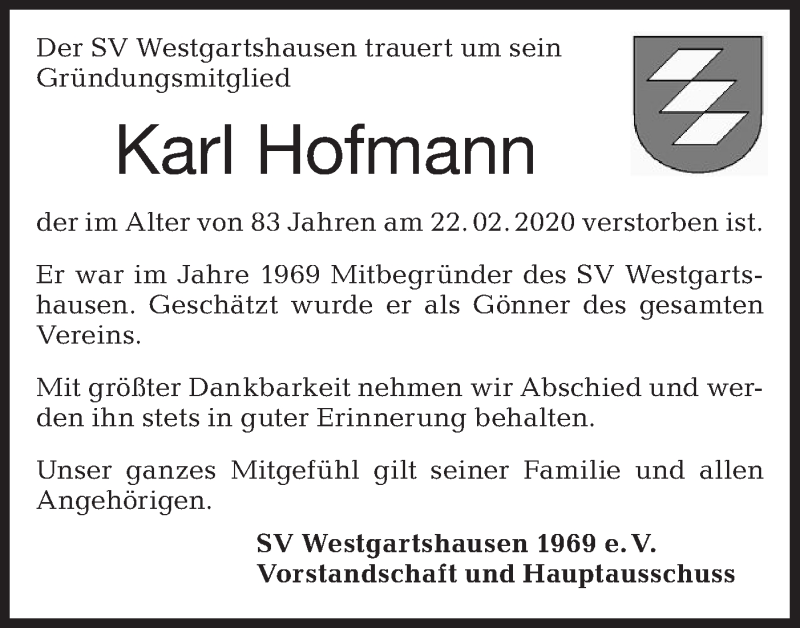  Traueranzeige für Karl Hofmann vom 25.02.2020 aus Hohenloher Tagblatt