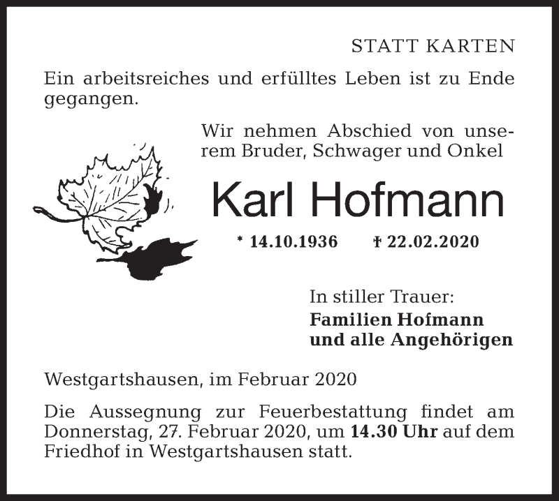  Traueranzeige für Karl Hofmann vom 25.02.2020 aus Hohenloher Tagblatt