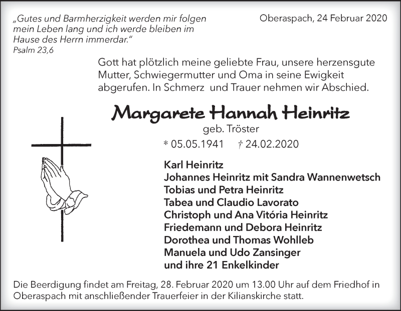 Traueranzeige für Margarete Hannah Heinritz vom 27.02.2020 aus Haller Tagblatt