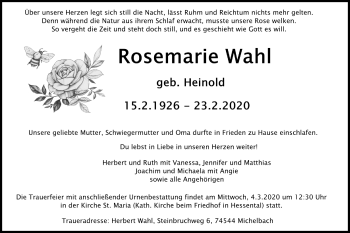 Traueranzeige von Rosemarie Wahl von Haller Tagblatt
