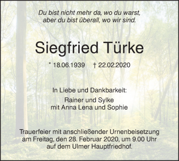 Traueranzeige von Siegfried Türke von SÜDWEST PRESSE Ausgabe Ulm/Neu-Ulm