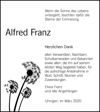 Traueranzeige von Alfred Franz von NWZ Neue Württembergische Zeitung