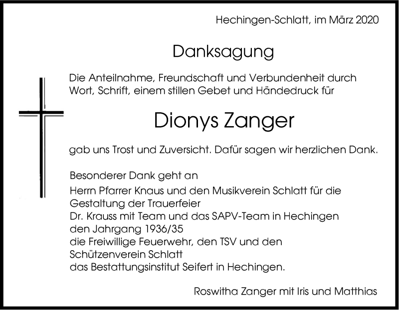  Traueranzeige für Dionys Zanger vom 21.03.2020 aus Hohenzollerische Zeitung
