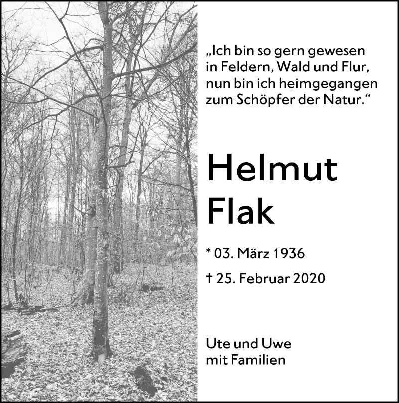  Traueranzeige für Helmut Flak vom 14.03.2020 aus SÜDWEST PRESSE Ausgabe Ulm/Neu-Ulm