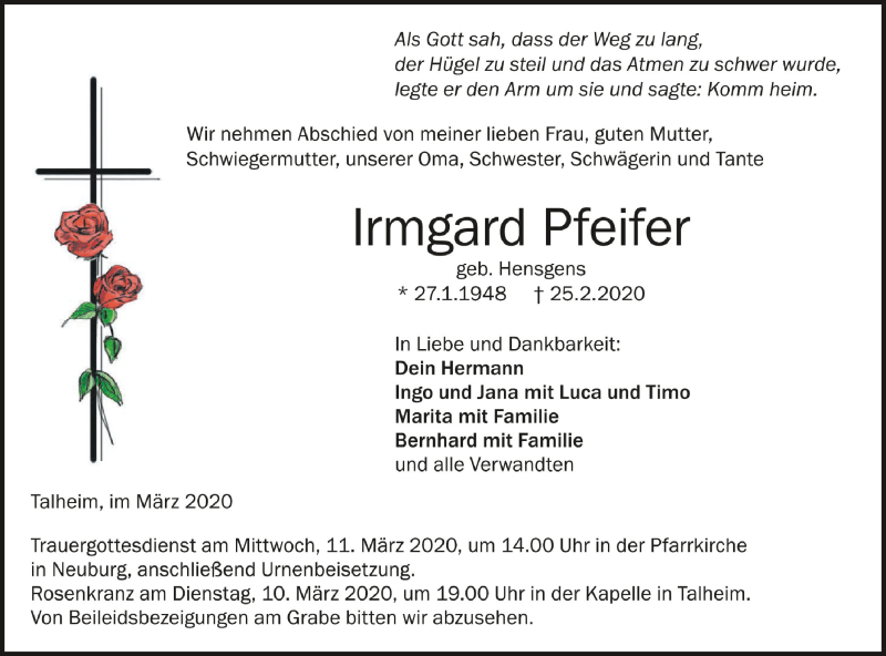  Traueranzeige für Irmgard Pfeifer vom 09.03.2020 aus Ehinger Tagblatt