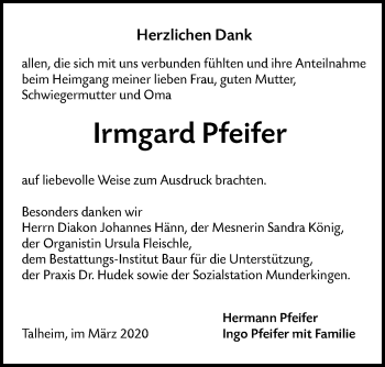 Traueranzeige von Irmgard Pfeifer von Ehinger Tagblatt
