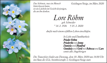 Traueranzeige von Lore Röhm von Geislinger Zeitung