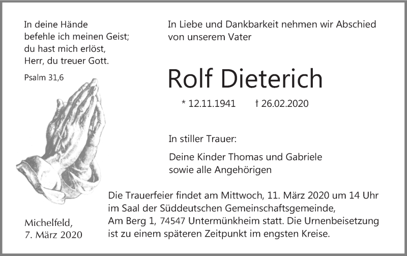  Traueranzeige für Rolf Dieterich vom 07.03.2020 aus Haller Tagblatt