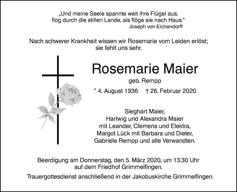  Traueranzeige für Rosemarie Maier vom 04.03.2020 aus SÜDWEST PRESSE Ausgabe Ulm/Neu-Ulm