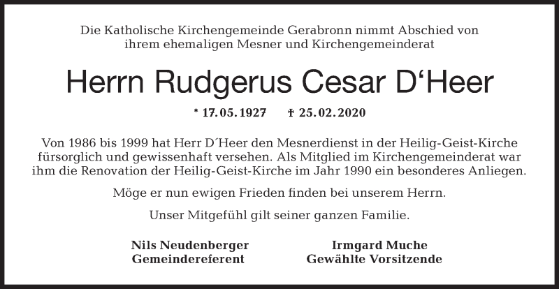  Traueranzeige für Rudgerus Cesar D´Heer vom 04.03.2020 aus Hohenloher Tagblatt