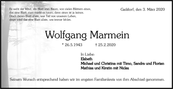 Traueranzeige von Wolfgang Marmein von Rundschau Gaildorf