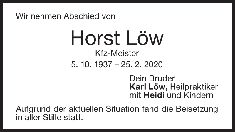 Traueranzeige für Horst Löw vom 24.04.2020 aus NWZ Neue Württembergische Zeitung