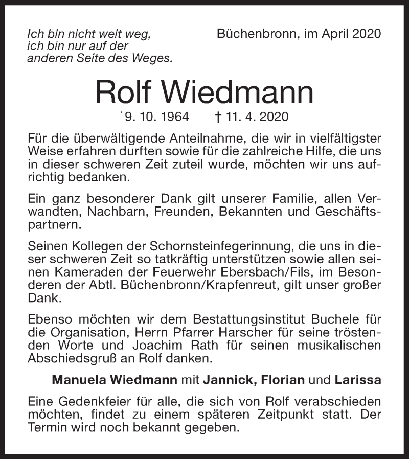  Traueranzeige für Rolf Wiedmann vom 29.04.2020 aus NWZ Neue Württembergische Zeitung