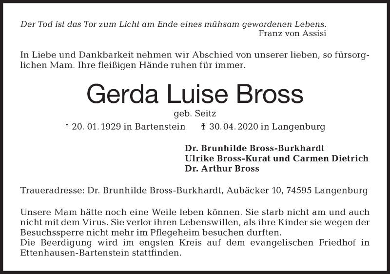  Traueranzeige für Gerda Luise Bross vom 06.05.2020 aus Hohenloher Tagblatt