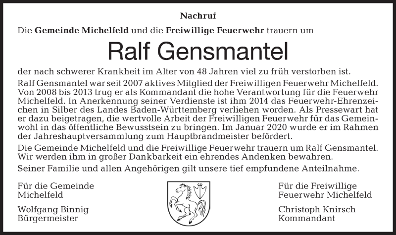  Traueranzeige für Ralf Gensmantel vom 30.05.2020 aus Haller Tagblatt