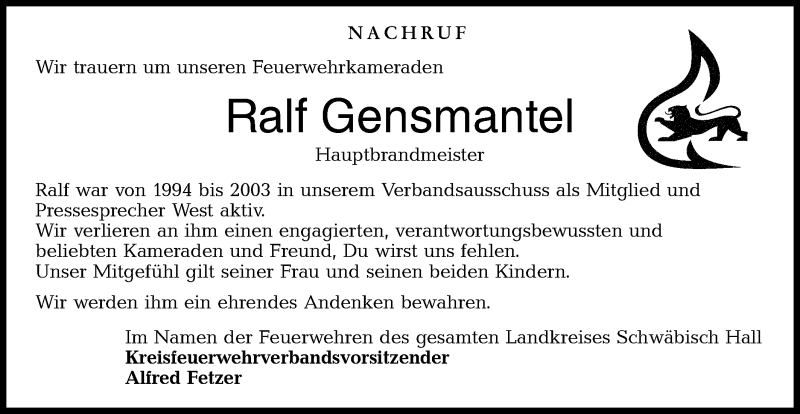  Traueranzeige für Ralf Gensmantel vom 06.06.2020 aus Haller Tagblatt