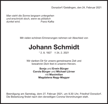 Traueranzeige von Johann Schmidt von NWZ Neue Württembergische Zeitung