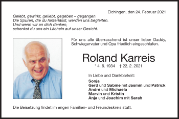 Traueranzeige von Roland Karreis von SÜDWEST PRESSE Ausgabe Ulm/Neu-Ulm
