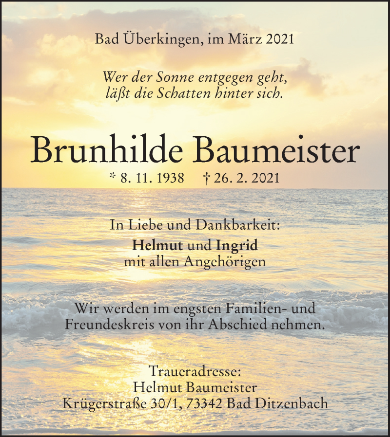  Traueranzeige für Brunhilde Baumeister vom 03.03.2021 aus Geislinger Zeitung