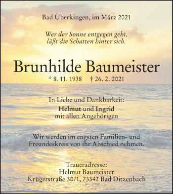Traueranzeige von Brunhilde Baumeister von Geislinger Zeitung
