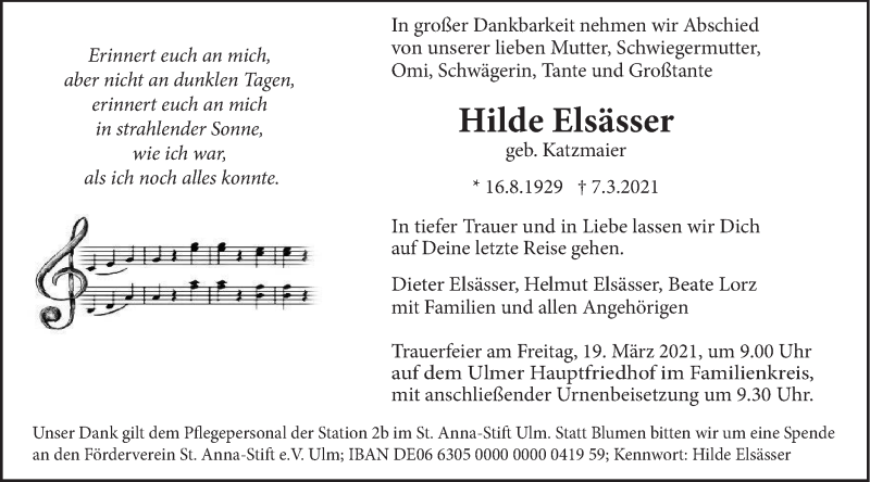  Traueranzeige für Hilde Elsässer vom 16.03.2021 aus SÜDWEST PRESSE Ausgabe Ulm/Neu-Ulm