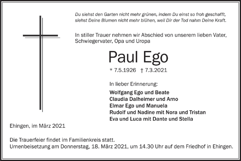  Traueranzeige für Paul Ego vom 13.03.2021 aus SÜDWEST PRESSE Ausgabe Ulm/Neu-Ulm