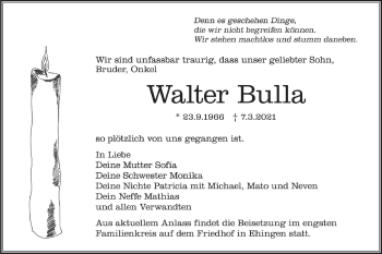 Traueranzeige von Walter Bulla von Ehinger Tagblatt