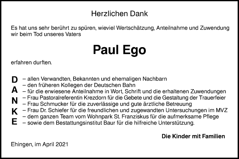  Traueranzeige für Paul Ego vom 10.04.2021 aus Ehinger Tagblatt