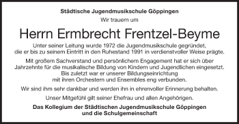 Traueranzeige von Ermbrecht Frentzel-Beyme von NWZ Neue Württembergische Zeitung