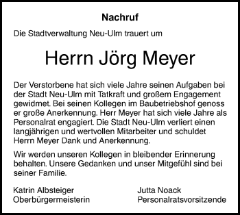 Traueranzeige von Jörg Meyer von SÜDWEST PRESSE Ausgabe Ulm/Neu-Ulm
