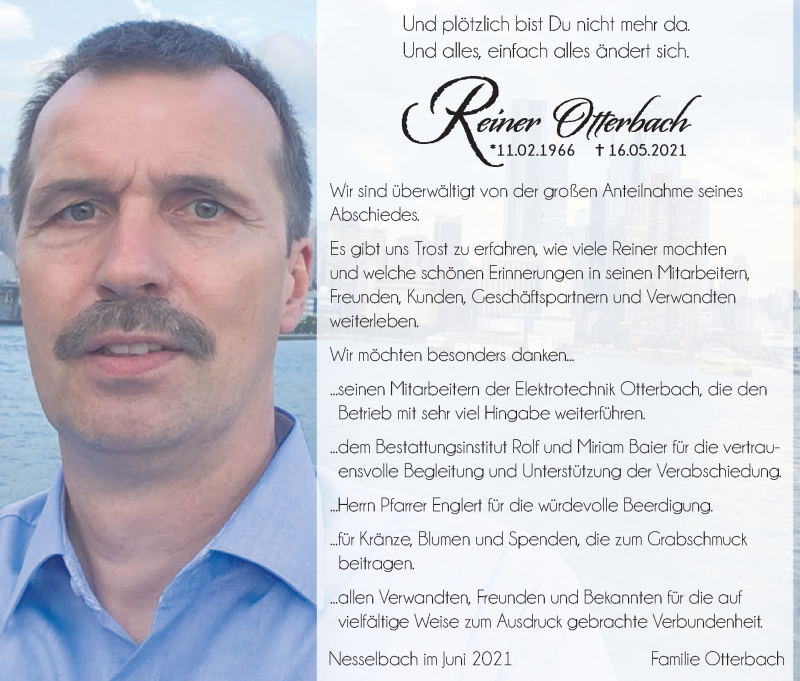  Traueranzeige für Reiner Otterbach vom 26.06.2021 aus Haller Tagblatt