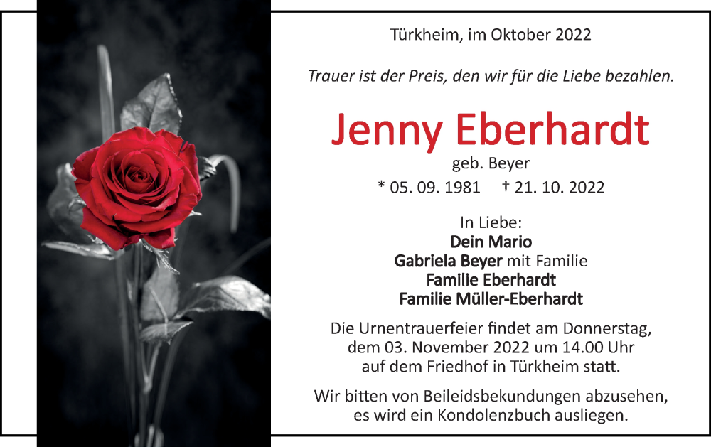  Traueranzeige für Jenny Eberhardt vom 27.10.2022 aus Geislinger Zeitung